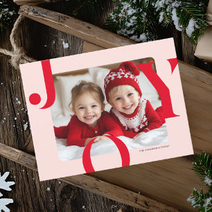 JOY Christmas Photo Modern Red & Pink Family Postcard
