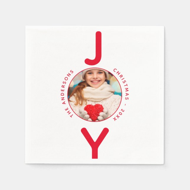 Joy Christmas photo white red simple modern Napkins (Front)
