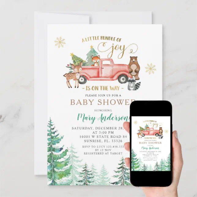 Joy Christmas Pine Tree Baby Shower Is On The Way Invitation | Zazzle
