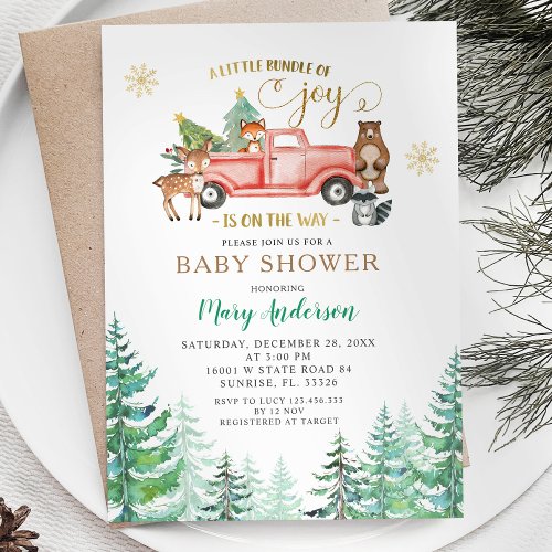 Joy Christmas Pine Tree Baby Shower Is On The Way  Invitation