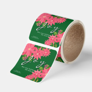 Joy Christmas Poinsettia Green Square Sticker