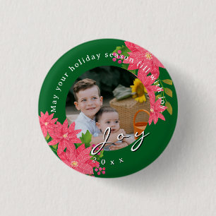 Joy Christmas Poinsettia Photo Green Button
