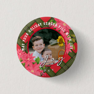 Joy Christmas Poinsettia Photo Plaid Button
