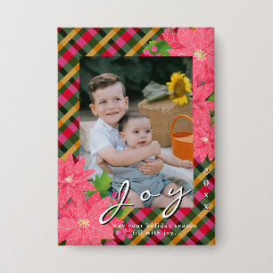 Joy Christmas Poinsettia Photo Red Green Button