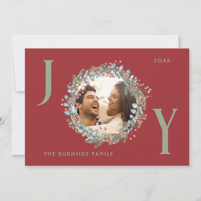 Joy Christmas Red Photo Holiday Card (Front)