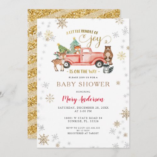 Joy Christmas Red Truck Baby Shower Is On The Way  Invitation