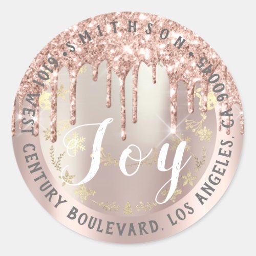 Joy Christmas Return RSVP Drips Snow Rose Gold Classic Round Sticker