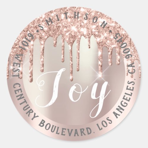 Joy Christmas Return RSVP Drips Spark Rose Gold Classic Round Sticker