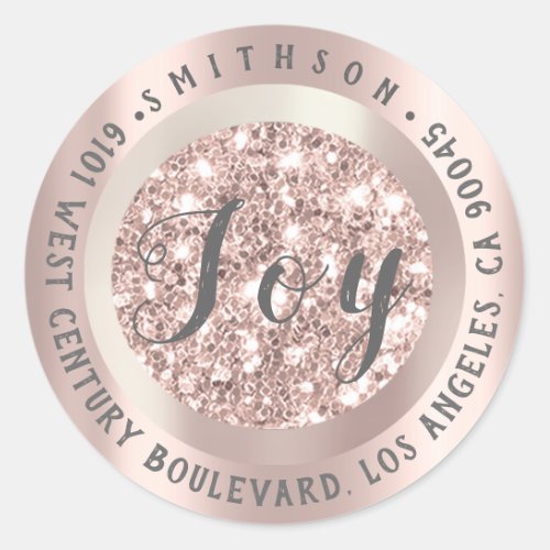 Joy Christmas Return RSVP Glitter Gray Rose Gold Classic Round Sticker