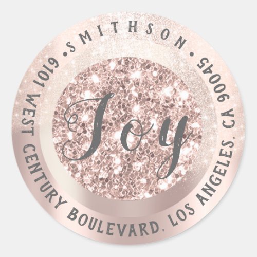 Joy Christmas Return RSVP Glitter Gray Rose Holida Classic Round Sticker