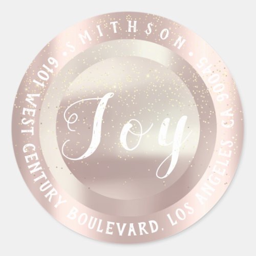 Joy Christmas Return RSVP Glitter Gray Rose White Classic Round Sticker