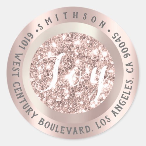 Joy Christmas Return RSVP Glitter Spark Rose Gold Classic Round Sticker