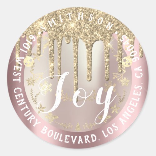 Joy  Christmas Return RSVP Rose Gold Snow Spark Classic Round Sticker