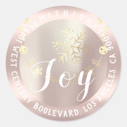 Joy  Christmas Return RSVP Rose Gold Snowflakes Classic Round Sticker