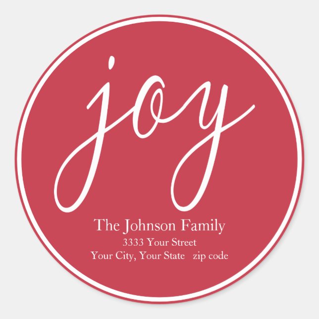Joy Christmas Round Red Return Address Label (Front)