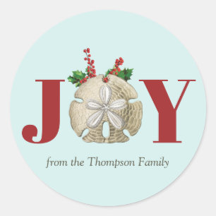 Joy Christmas Sand Dollar Holly Berries Coastal Classic Round Sticker