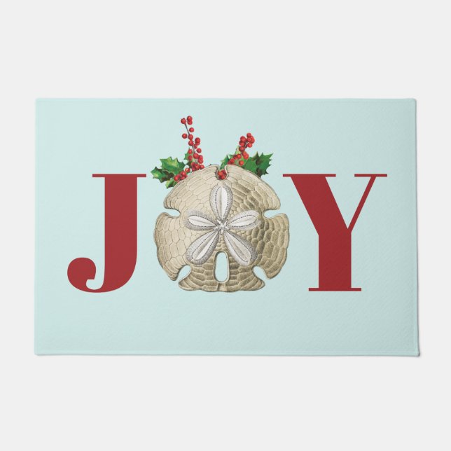 Joy Christmas Sand Dollar Holly Berries Coastal  Doormat (Front)