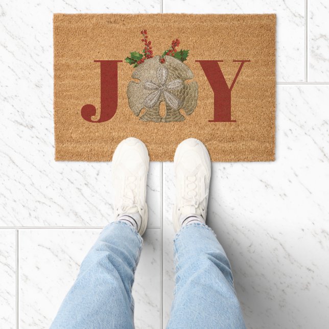 Joy Christmas Sand Dollar Holly Berries Coastal  Fiber Doormat (Insitu)