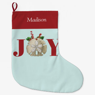 Joy Christmas Sand Dollar Holly Berries Coastal Large Christmas Stocking