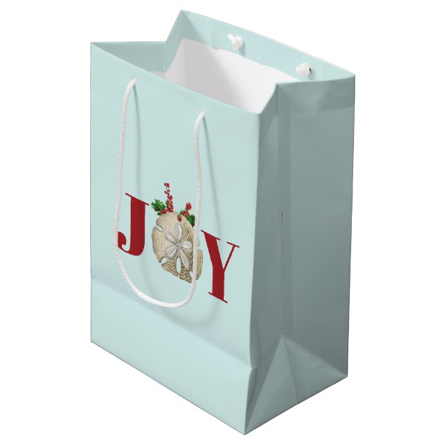 Joy Christmas Sand Dollar Holly Berries Coastal Medium Gift Bag (Front Angled)