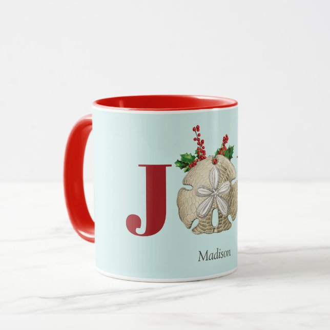 Joy Christmas Sand Dollar Holly Berries Coastal  Mug (Front Left)