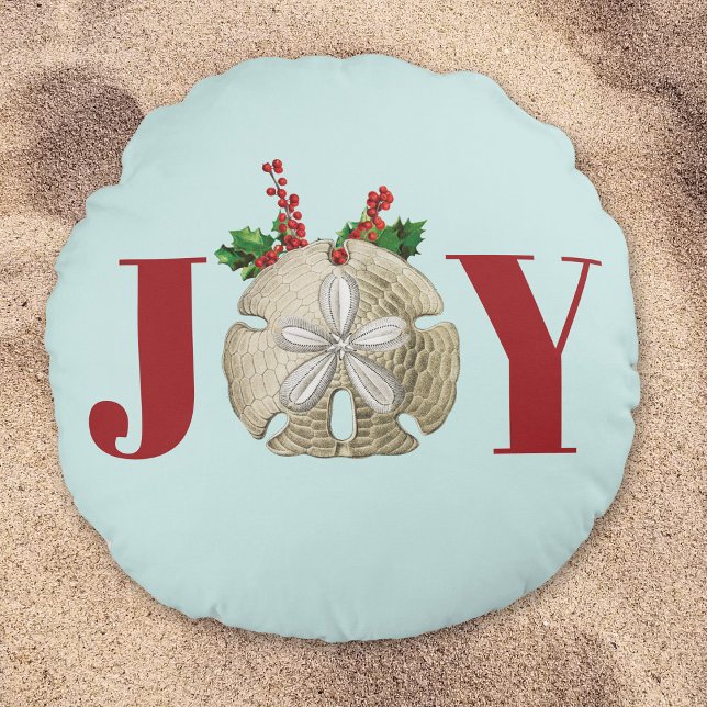 Joy Christmas Sand Dollar Holly Berries Coastal Round Pillow (Creator Uploaded)