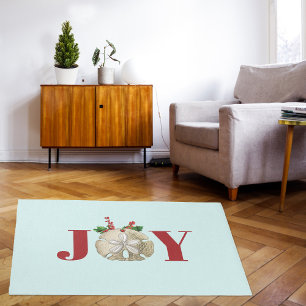 Joy Christmas Sand Dollar Holly Berries Coastal Rug