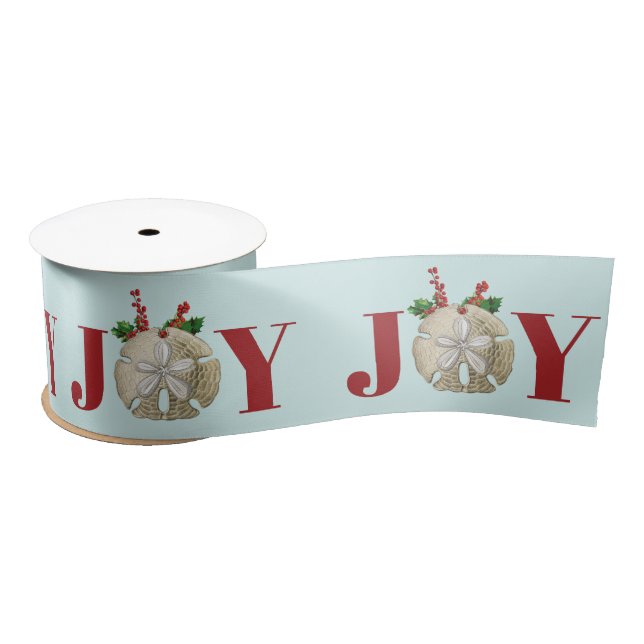 Joy Christmas Sand Dollar Holly Berries Coastal  Satin Ribbon (Spool)
