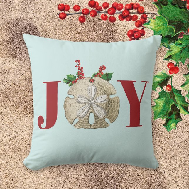 Joy Christmas Sand Dollar Holly Berries Coastal Throw Pillow (Creator Uploaded)
