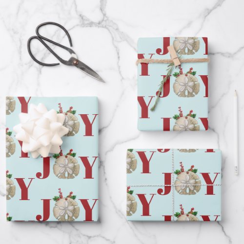 Joy Christmas Sand Dollar Holly Berries Coastal  Wrapping Paper Sheets