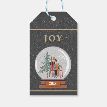 Joy Christmas Snow Globe With Skier And Sledder Gift Tags by HolidayCreations at Zazzle