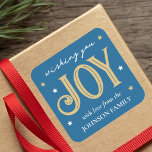 Joy Christmas Star Personalized Family Name Blue Square Sticker<br><div class="desc">Spread some festive joy and create your own unique Christmas stickers! The text can be personalized with a family name, recipient's name or holiday year. This stylish template features decorative type in a palette of blue, white and gold color. You can also customize the 'background' color by using the 'Edit...</div>