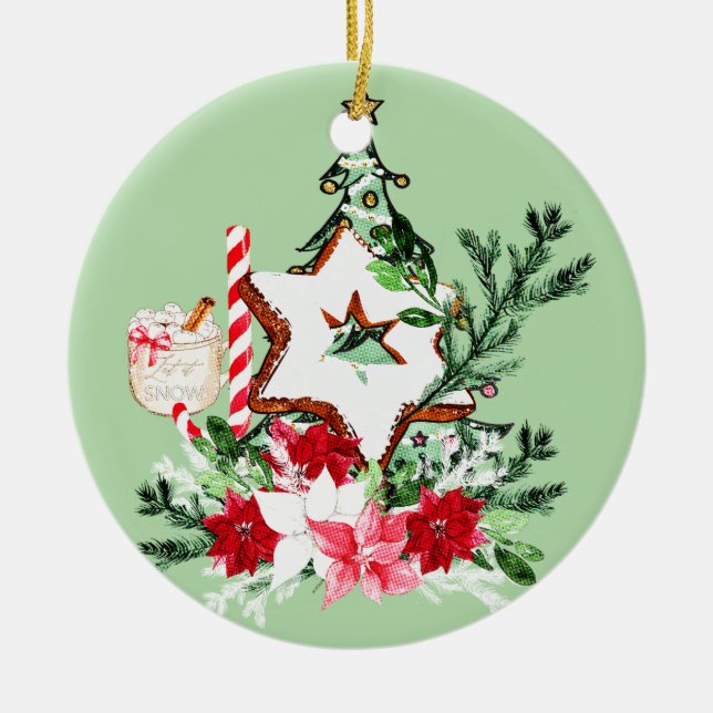 JOY Christmas Tree Flowers Candy Cane Ceramic Ornament (Front)