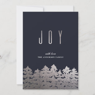 Joy. Christmas tree. Silver pines. Navy modern Holiday Card