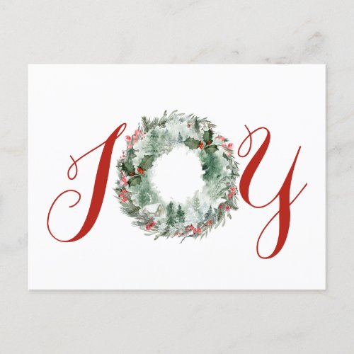 Joy Christmas Watercolor Plush Wreath Holiday Postcard