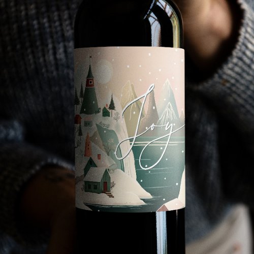 Joy Christmas winter mountain village landscape Wine Label