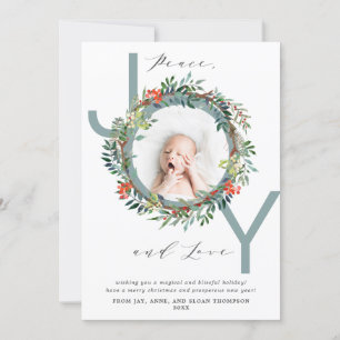 JOY Christmas Wreath Blue Baby Photo Holiday Card