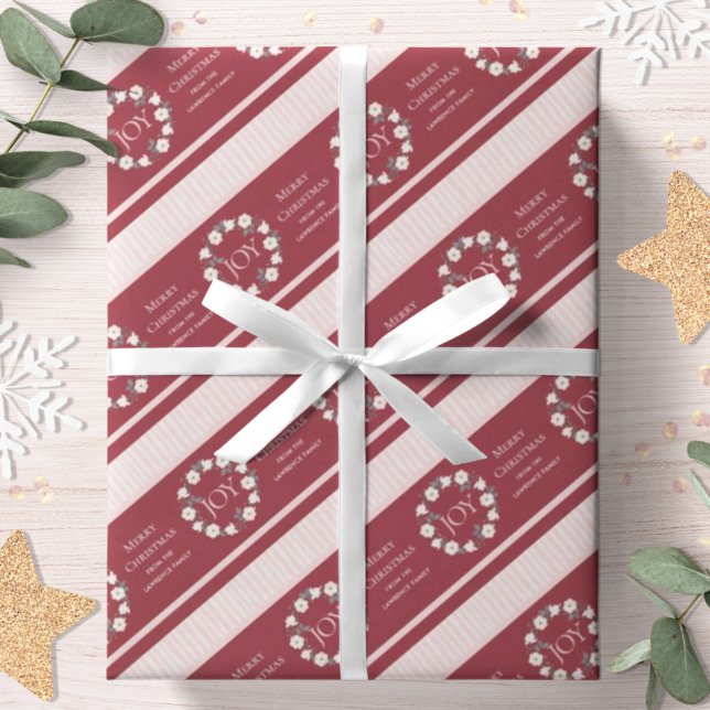 Joy Christmas Wreath Burgundy Personalized Wrapping Paper (Creator Uploaded)