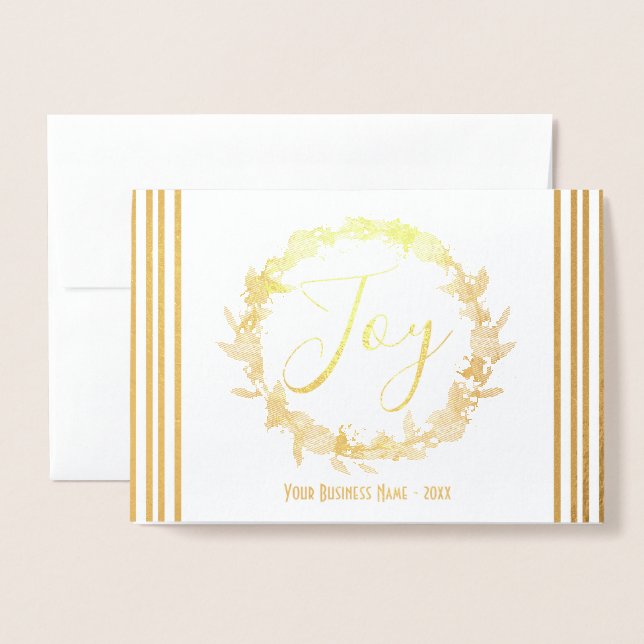 Joy Christmas Wreath Business Logo Foil Card (Front With Envelope)