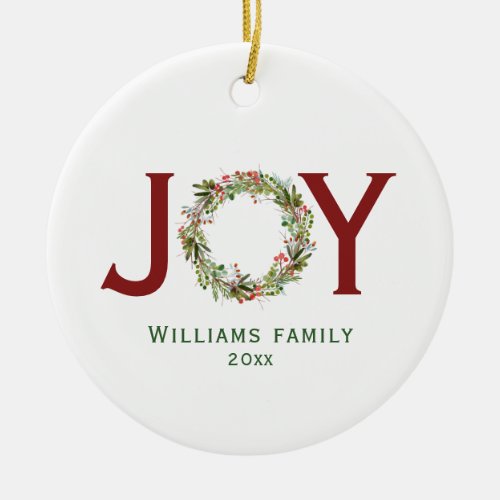 Joy Christmas Wreath Family Name Ceramic Ornament