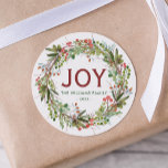 Joy - Christmas Wreath Family Name   Classic Round Sticker<br><div class="desc">Beautiful greenery wreath "Joy"  personalized name stickers.</div>