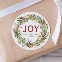 Joy - Christmas Wreath Family Name   Classic Round Sticker