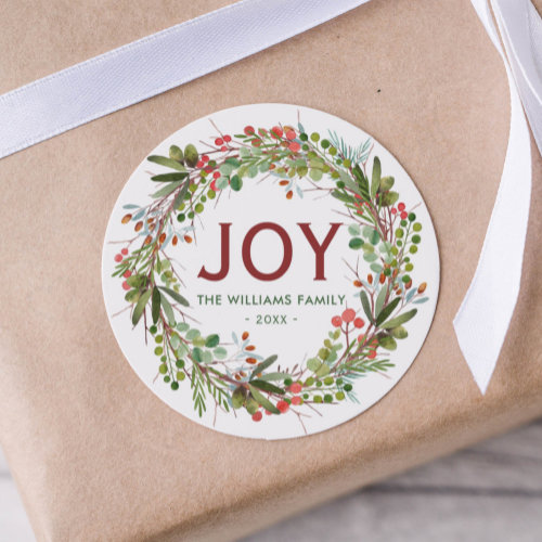 Joy _ Christmas Wreath Family Name   Classic Round Sticker