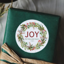 Joy - Christmas Wreath Family Name   Classic Round Sticker