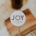 Joy Christmas Wreath Family Name   Classic Round Sticker<br><div class="desc">Beautiful greenery wreath "Joy"  personalized name stickers.</div>