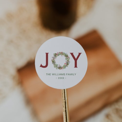 Joy Christmas Wreath Family Name   Classic Round Sticker