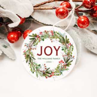 Joy - Christmas Wreath Family Name Favor Tags