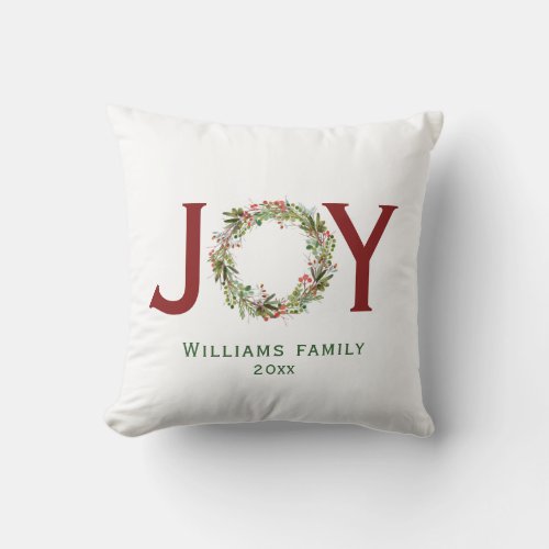Joy Christmas Wreath Family Name  Throw Pillow