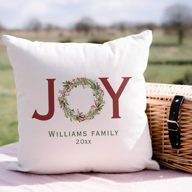 Joy Christmas Wreath Family Name  Throw Pillow (Creator Uploaded)