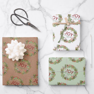 Joy - Christmas Wreath Family Name Wrapping Paper Sheets
